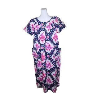 Vintage 70s Long House Dress Womens Size 2XL Blue Pink Scoop Neck Feminine Flora